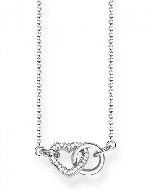 Thomas Sabo Necklace Heart Together Small KE1643-051-14-L45V har en tunn silverkedja dekorerad med en liten cirkel och ett zirkonprytt hjärta som är sammanflätade.