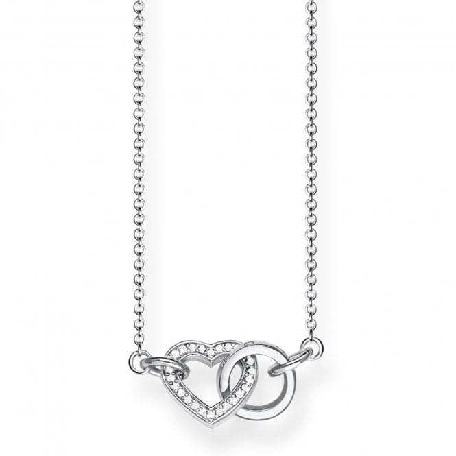 Thomas Sabo Necklace Heart Together Small KE1643-051-14-L45V har en tunn silverkedja dekorerad med en liten cirkel och ett zirkonprytt hjärta som är sammanflätade.