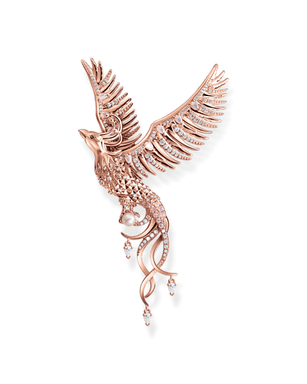Thomas Sabo Phoenix PE937-426-7 är ett magnifikt förgyllt i roséguld fenixhänge, elegant dekorerat med gnistrande zirkoner och spineller. Fenixen håller en pärla i sina klor.
