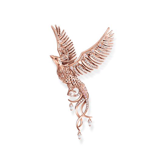 Thomas Sabo Phoenix PE937-426-7 är ett magnifikt förgyllt i roséguld fenixhänge, elegant dekorerat med gnistrande zirkoner och spineller. Fenixen håller en pärla i sina klor.