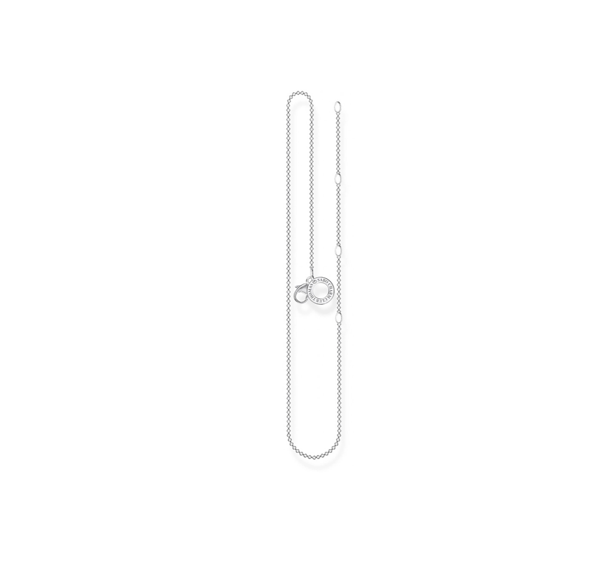 Thomas Sabo Charm Club -hopeakaulaketju, jossa karabiinilukko ja pyöreä logorengas.