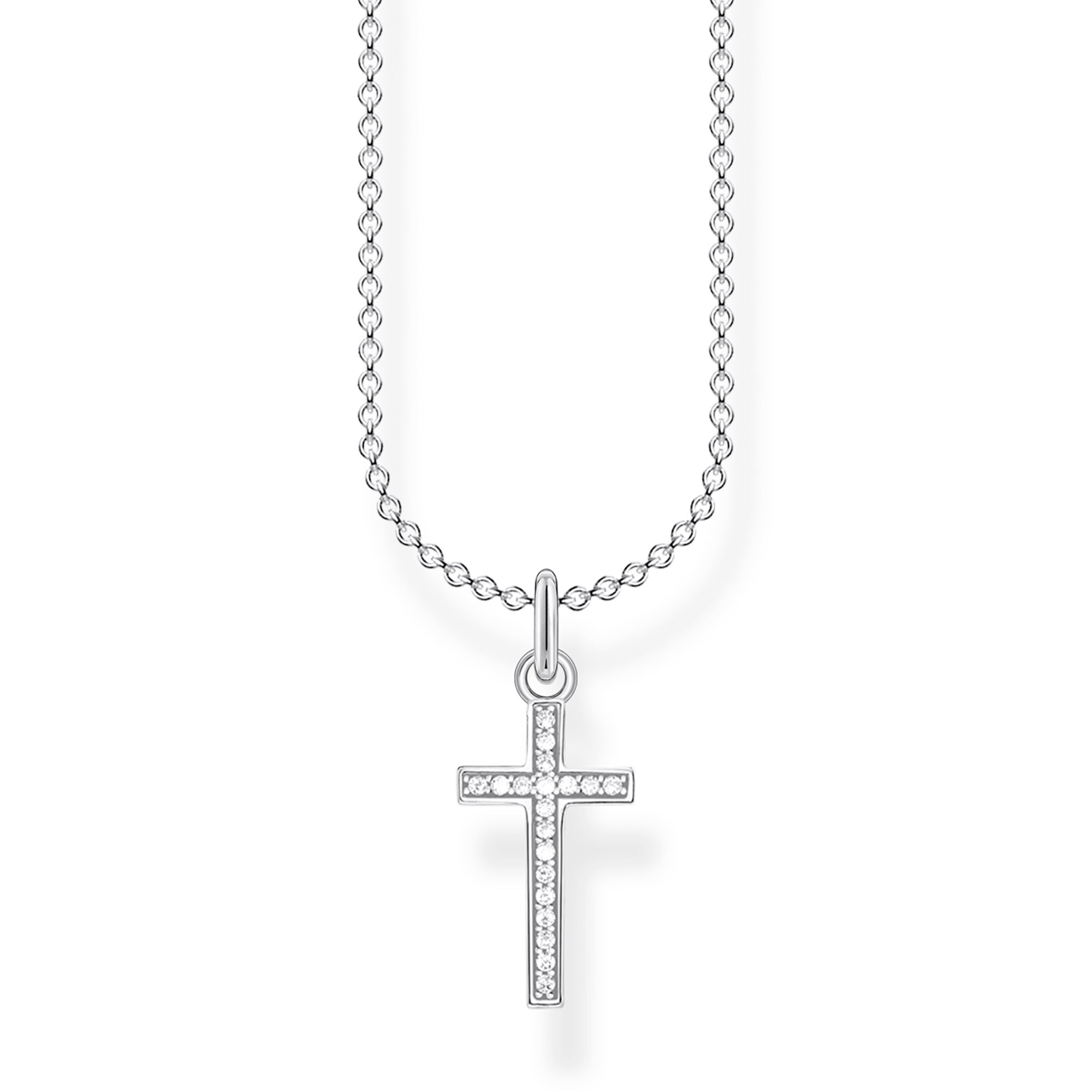 Thomas Sabo Cross Pavé KE2043-051-14-L45V halsband har en tunn silverkedja. Hänget är ett silverkors dekorerat med zirkoner.