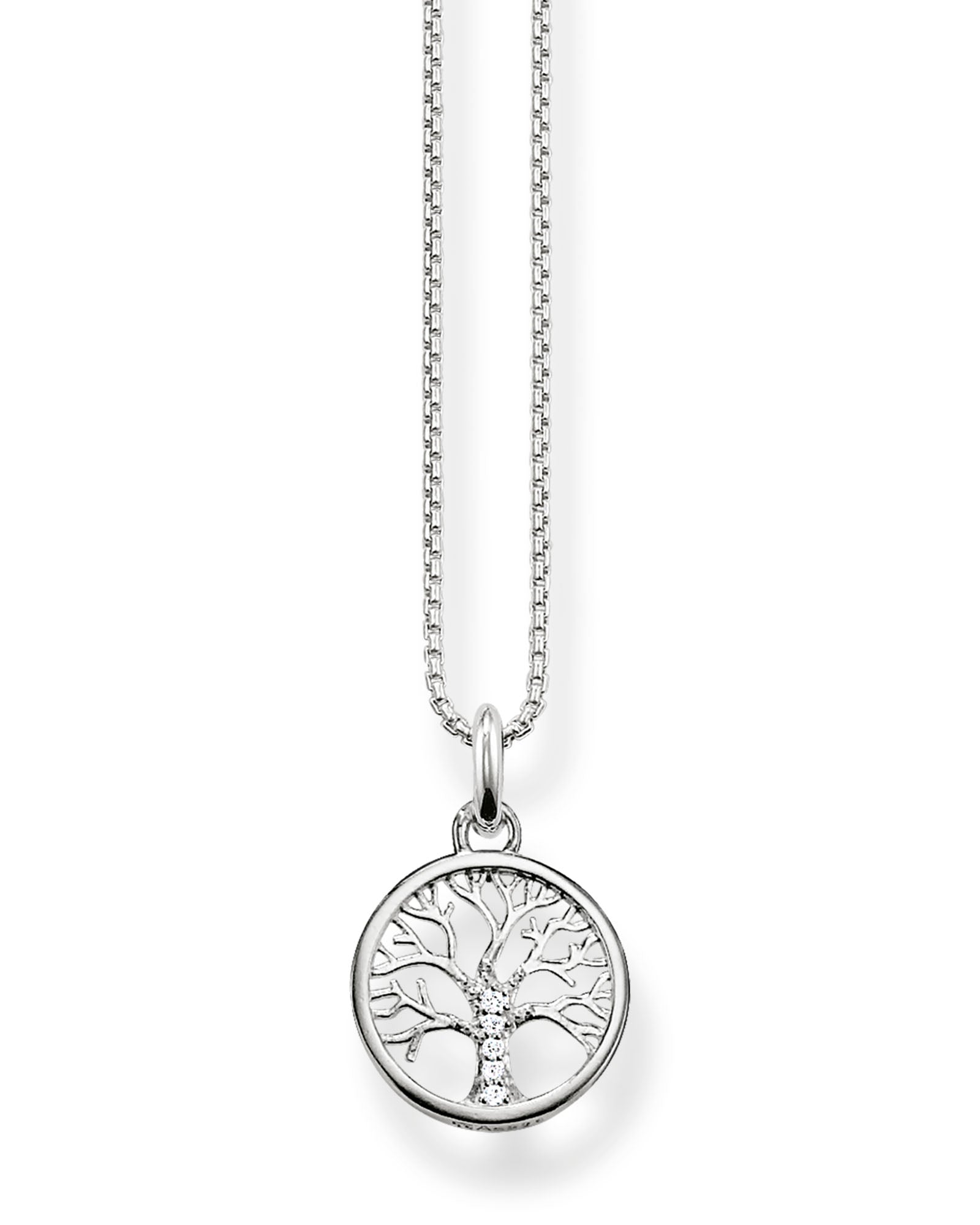 Thomas Sabo Tree Of Love KE2092-051-14-L42V har en tunn silverkedja och ett runt hänge med ett lövlöst träd i mitten dekorerat med zirkoner.