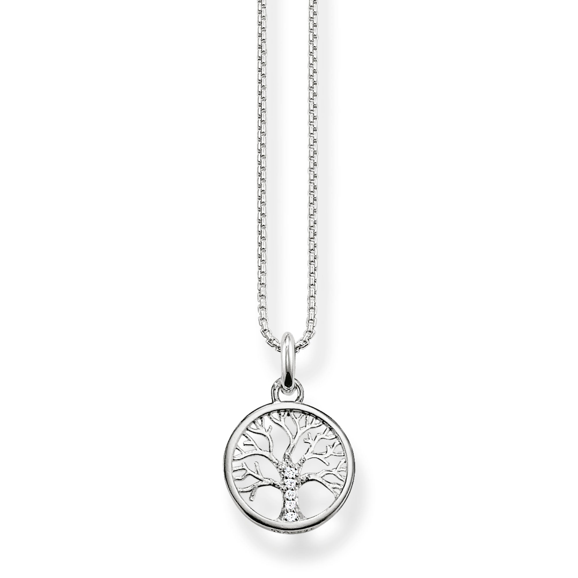 Thomas Sabo Tree Of Love KE2092-051-14-L42V har en tunn silverkedja och ett runt hänge med ett lövlöst träd i mitten dekorerat med zirkoner.