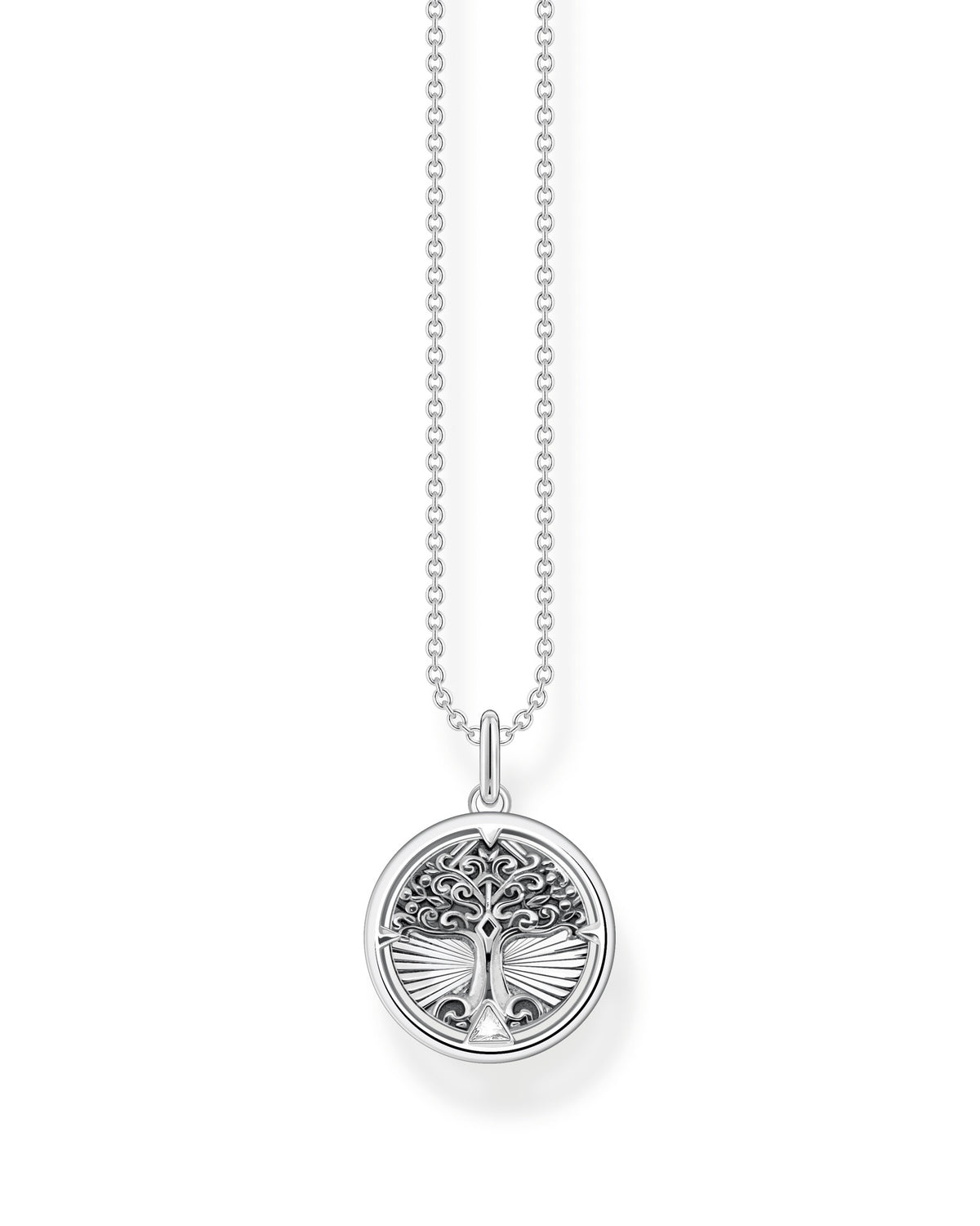 Thomas sabo Tree of Love KE2137-643-21-L45V halsband har en tunn silverkedja och ett runt hänge med ett träd i mitten. Vid trädets rot på hänget sitter en zirkon.
