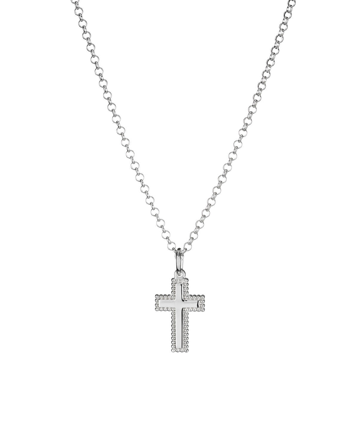 Lumoava Helmi kors halsbandet har en tunn silverkedja. Hänget är ett elegant kors vars kanter liknar en rad pärlor.