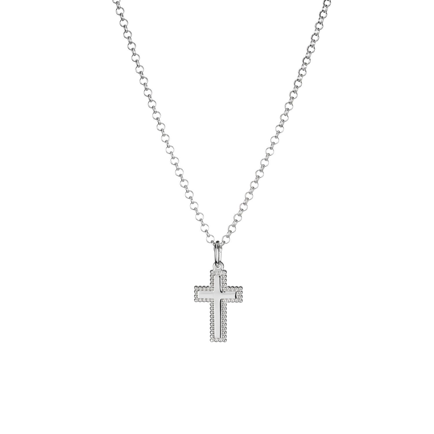 Lumoava Helmi kors halsbandet har en tunn silverkedja. Hänget är ett elegant kors vars kanter liknar en rad pärlor.