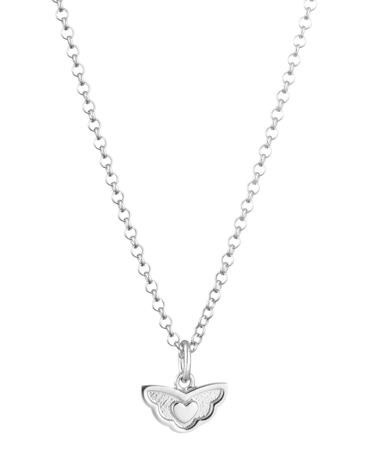 Lumoava Hento-halsbandet har en tunn silverkedja. Formen på hänget liknar vingar med ett litet hjärta i mitten.