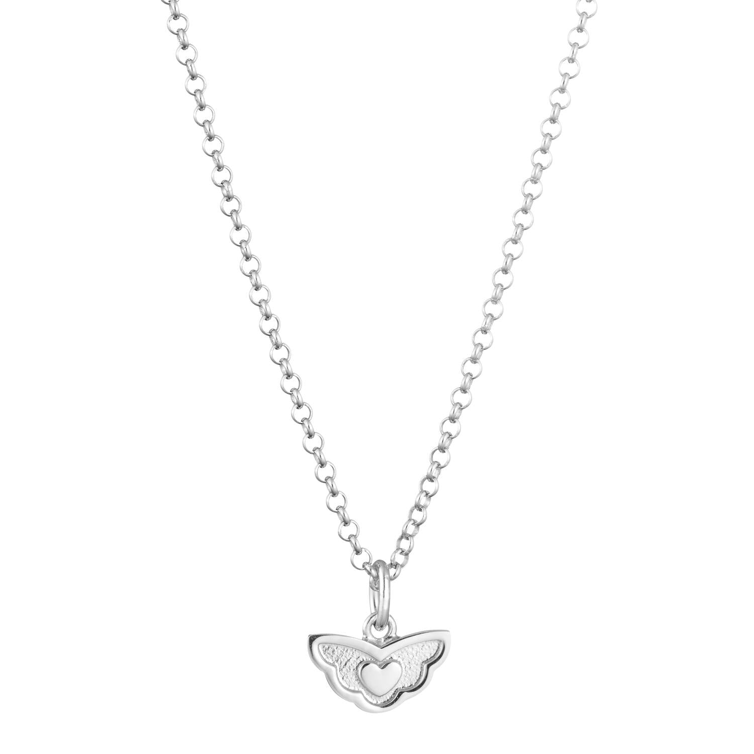 Lumoava Hento-halsbandet har en tunn silverkedja. Formen på hänget liknar vingar med ett litet hjärta i mitten.