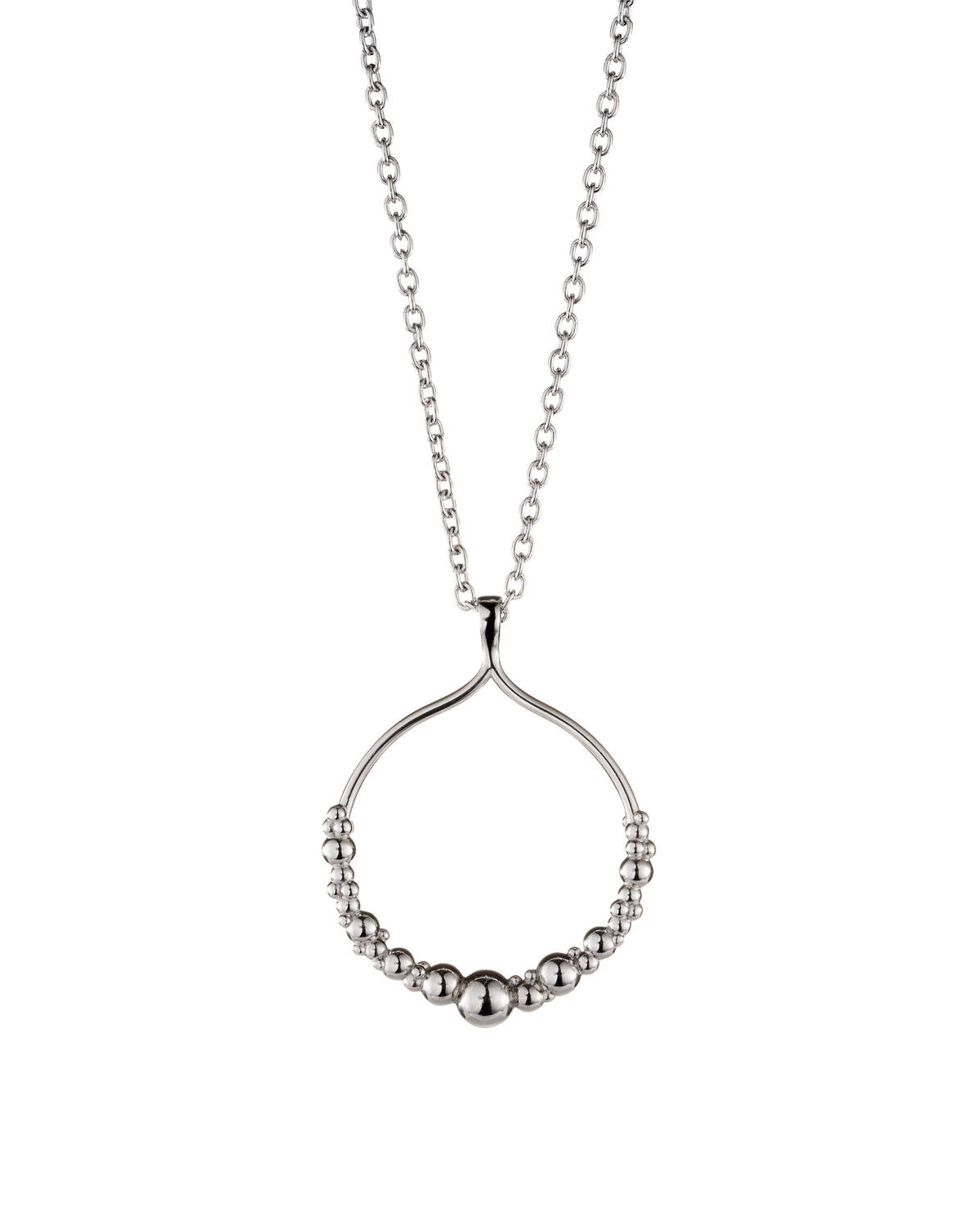 Lumoava Linnunrata-halsbandet har en tunn silverkedja. Hänget är en ring med en rad kulor i olika storlekar längst ner.