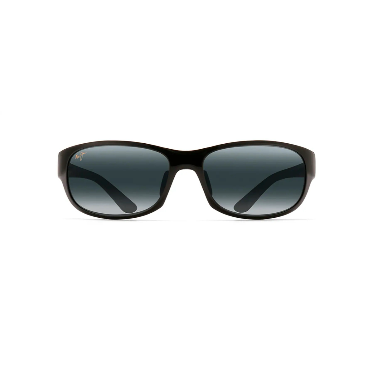 Urheilullisen tyylikkäät Maui Jim Twin Falls -aurinkolasit suoraan edestä kuvattuna. Kiiltävän mustat Gloss Black Fade -kehykset ja tummanharmaat Neutral Grey -linssit.