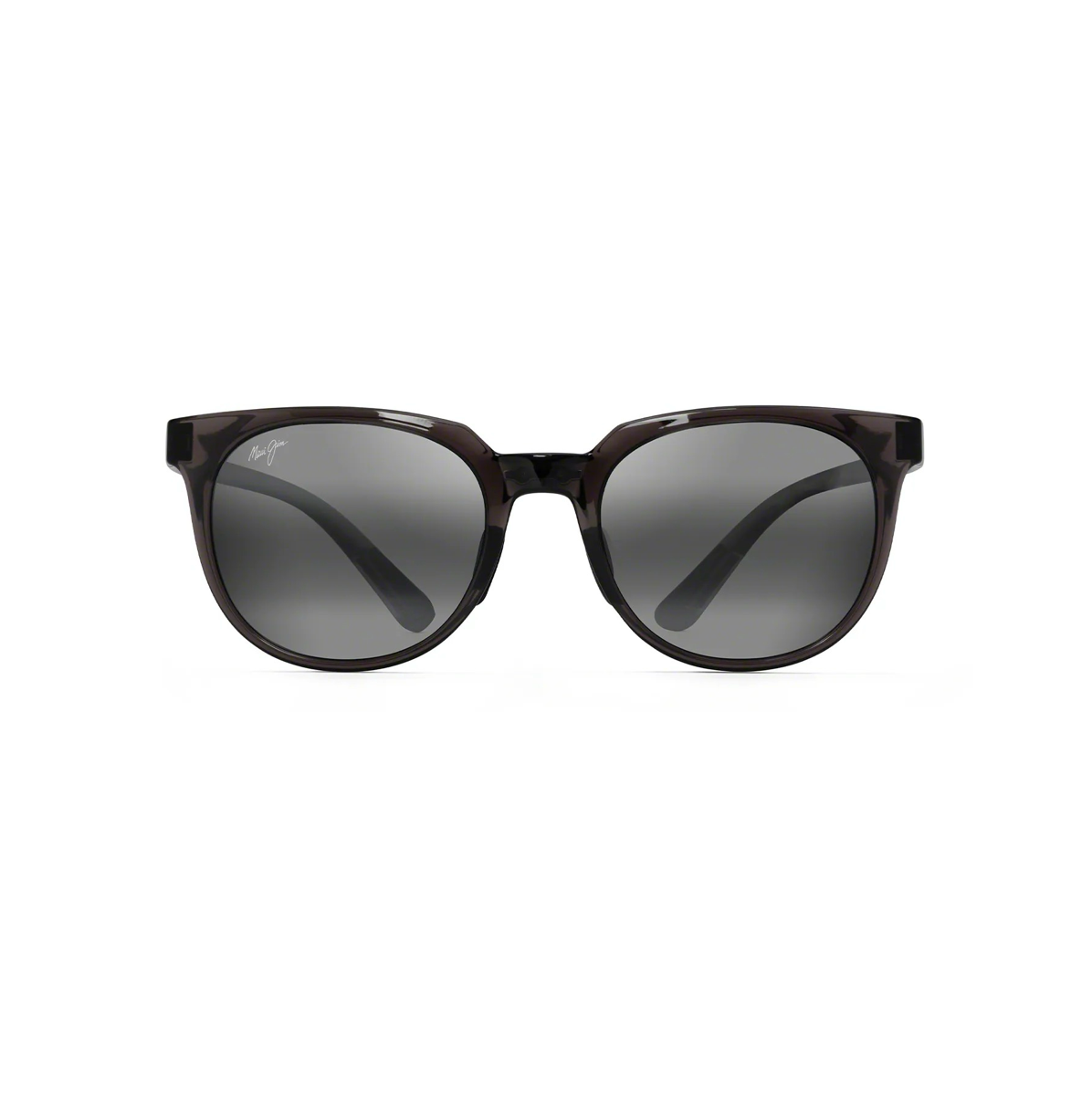 Pyöreähköt Maui Jim Wailua -aurinkolasit suoraan edestä kuvattuna. Läpikuultavan harmaat Translucent Grey -kehykset ja tummanharmaat Neutral Grey -linssit hienoisella peilipinnalla.