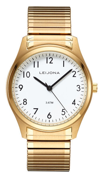 Leijona Legends Stretch 5010-1717 armbandsur har en rund, vit urtavla med svarta numeriska index och visare. Ramen, boetten och remmen är guldfärgade.