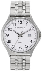 Leijona Classic Konnevesi 5012-1917 herrklocka har en rund vit urtavla med datumvisning, svarta index och gråa visare. Ramen och remmen är silverfärgade.