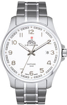 Leijona Swiss 5012-2487 -miesten kello teräsrannekkeella ja valkoisella taululla.