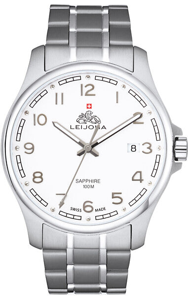 Leijona Swiss 5012-2487 -miesten kello teräsrannekkeella ja valkoisella taululla.