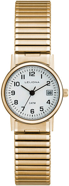 Leijona Legends Stretch 25 5170-4037 damklocka har en rund, vit urtavla med datumvisning och svarta numeriska index och visare. Ramen är guldfärgad. Boetten och remmen är också guldfärgade.