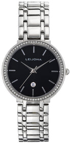 Leijona Hoods Malmi 5172-4081 damklocka har en rund, svart urtavla med silverfärgade index och visare. Ramen, boetten och remmen är silverfärgade. Ramen är dekorerad med strass.