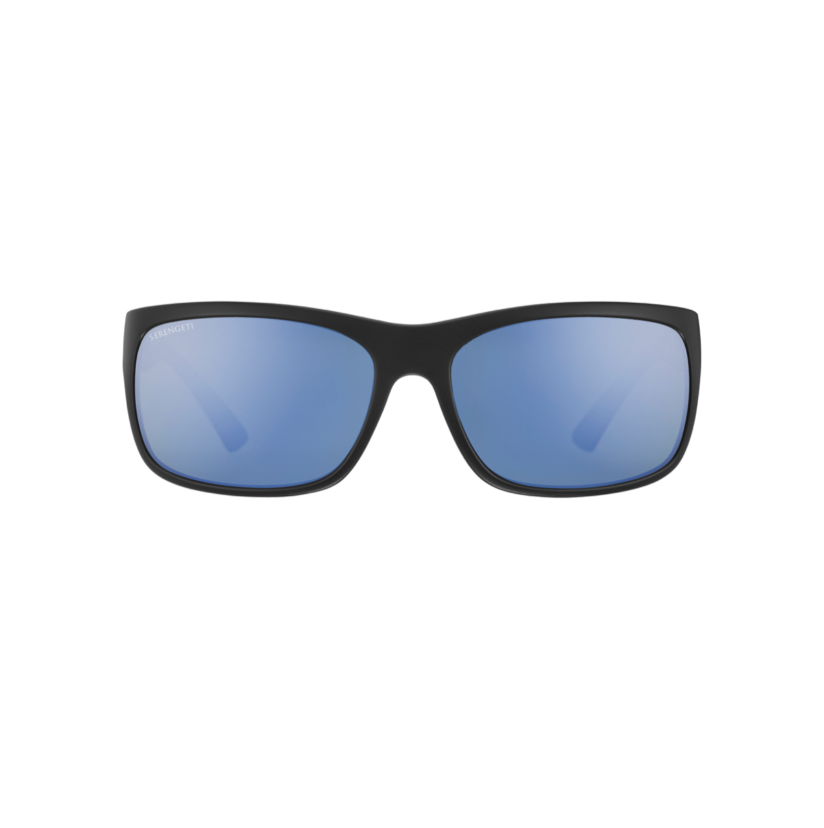 Serengeti Pistoia 8298 solglasögon fotograferade rakt framifrån. Mattsvart nylonbåge (Matte Black) och blåa spegelvända Mineral Polarized 555nm Blue minerallinser.