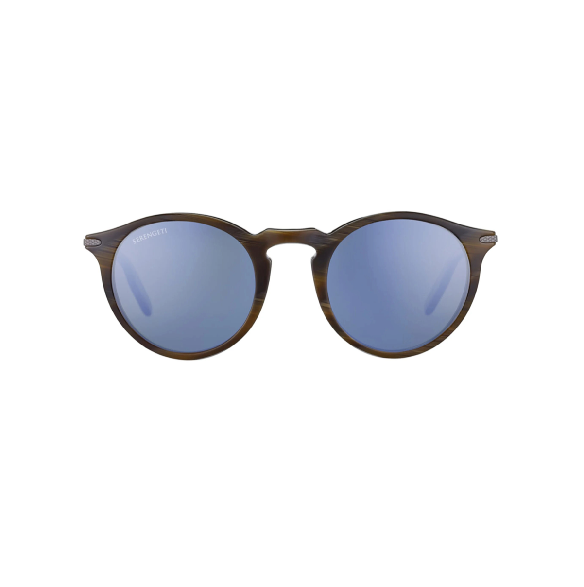 Runda Serengeti Raffaele 8835 solglasögon fotograferade rakt framifrån. Glänsande trämönstrad acetatbåge, nyckelhålsbrygga och blåa spegelvända Mineral Polarized 555nm Blue minerallinser.