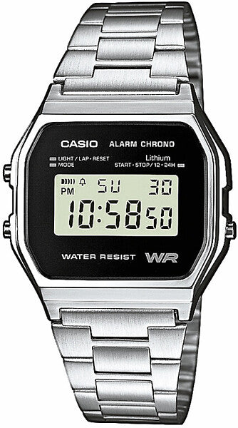 Casio Vintage A158WEA-1EF -digitaalikello teräsrannekkeella ja mustalla kellotaululla