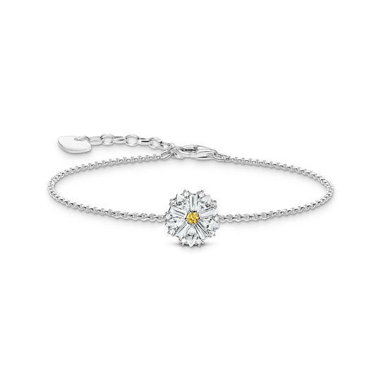 Siisti Thomas Sabo Lovely Daisy -hopearannekoru, jonka keskiosana on valkoisilla ja keltaisilla zirkoniakivillä koristeltu päivänkakkara.