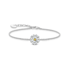 Siisti Thomas Sabo Lovely Daisy -hopearannekoru, jonka keskiosana on valkoisilla ja keltaisilla zirkoniakivillä koristeltu päivänkakkara.