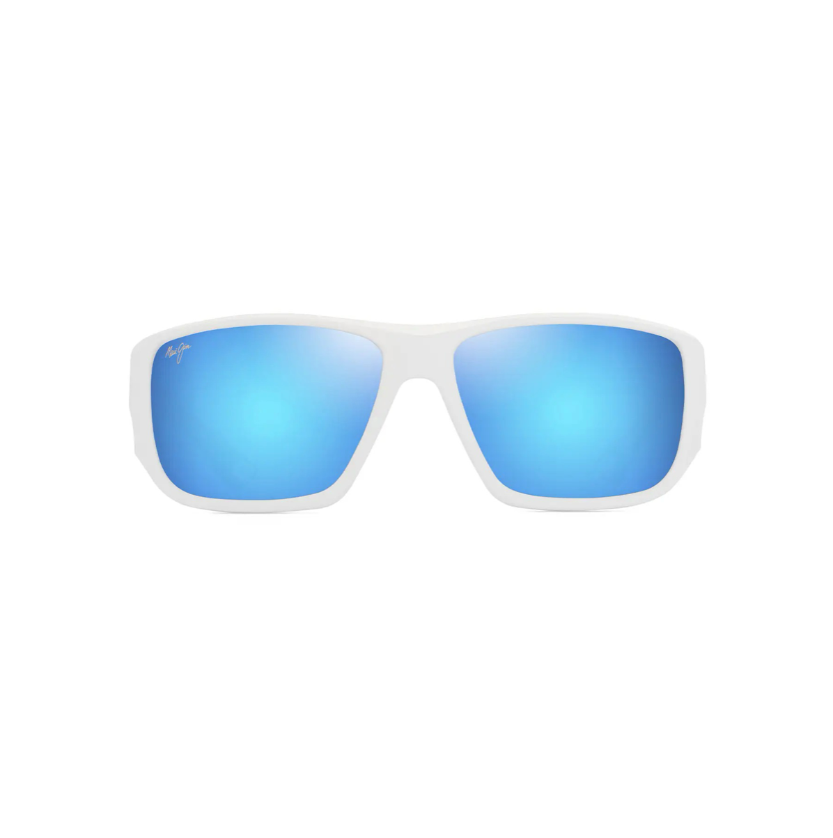 Urheilulliset miesten Maui Jim Keha -wrap-aurinkolasit suoraan edestä kuvattuna. Mattavalkoinen kokokehys, kaareva rakenne ja kirkkaan siniset Blue Hawaii -peililinssit.