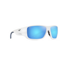 Maui Jim Keha White Matte -aurinkolasit etuviistosta esitellen kehyksen hienpoistokanavia, tuuletusaukkoja, mustia kumisia nenätyynyjä sekä sankojen sinisiä yksityiskohtia.