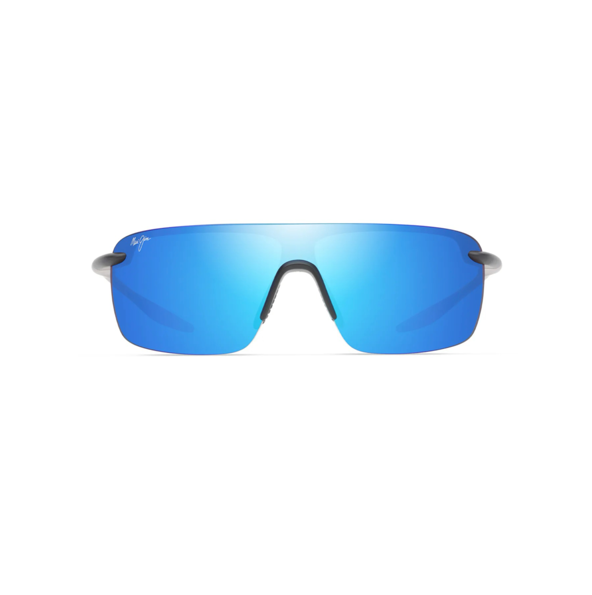 Futuristiset puolikehyksettömät Maui Jim Pālulu -maskiaurinkolasit suoraan edestä. Lasit esittelevät mattamustan ylärungon ja näyttävästi sinisenä välkehtivät Blue Hawaii -linssit.