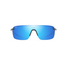 Futuristiset puolikehyksettömät Maui Jim Pālulu -maskiaurinkolasit suoraan edestä. Lasit esittelevät mattamustan ylärungon ja näyttävästi sinisenä välkehtivät Blue Hawaii -linssit.