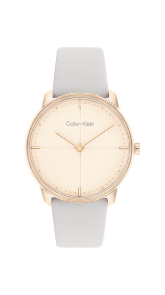 Calvin Klein Expression CK25200162 damklocka har en roséguldfärgad urtavla med roséguldfärgade index och visare. Ramen och boetten är roséguldfärgade och remmen är grå.
