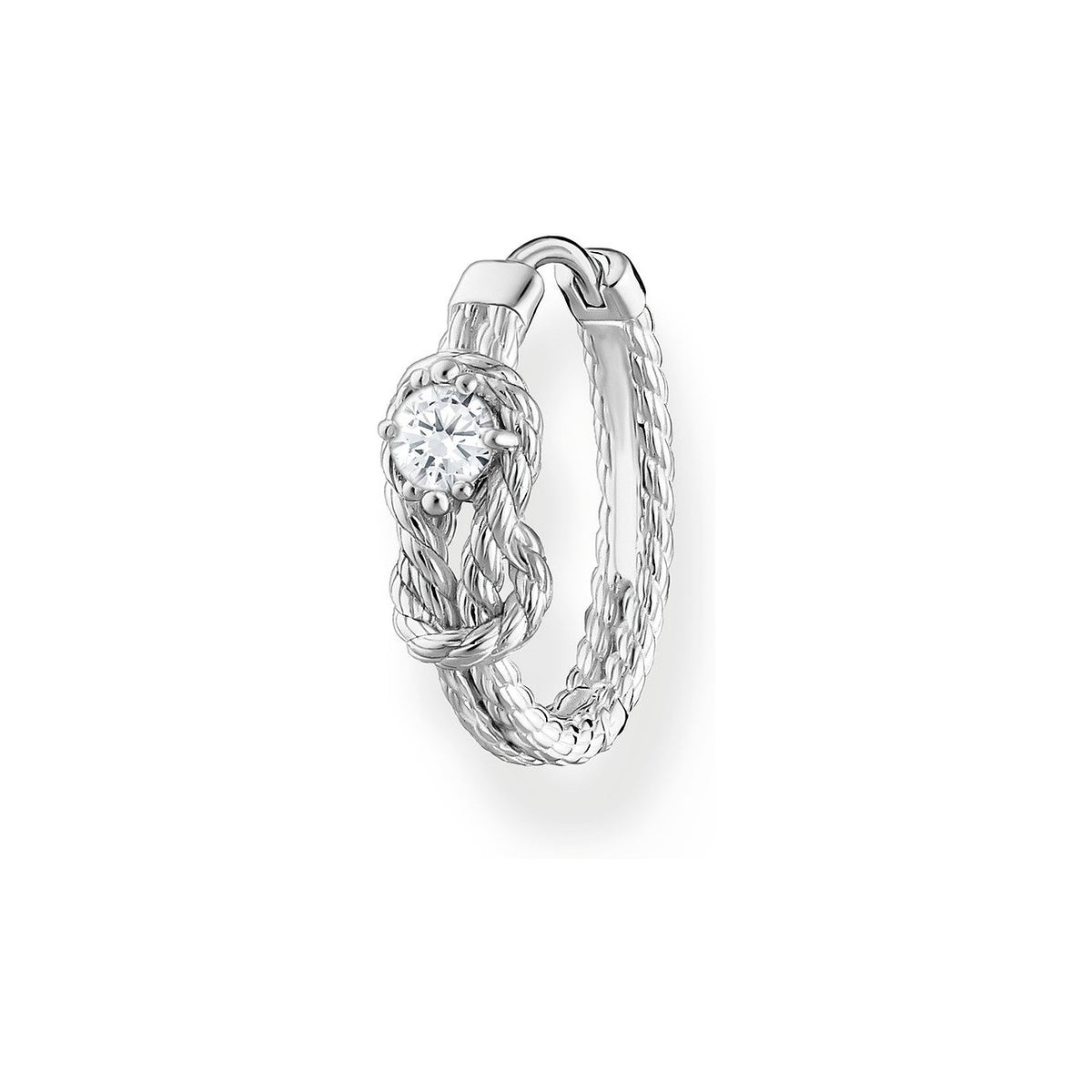 Punottu hopeinen Thomas Sabo Charm Club CR695-051-14 -rengaskorvakoru köysisolmulla ja zirkonialla.