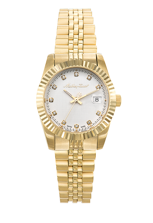 Mathey-Tissot Mathy III D810PI damklocka har en rund, vit urtavla med datumvisning, smyckestenar som index och guldfärgade visare. Ramen, boetten och remmen är också guldfärgade.