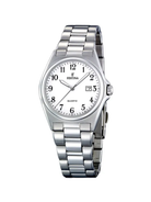 Festina Classic F16375/1 damklocka har en rund, vit urtavla med datumvisning, svarta numeriska index och silverfärgade visare. Ramen, boetten och remmen är silverfärgade.