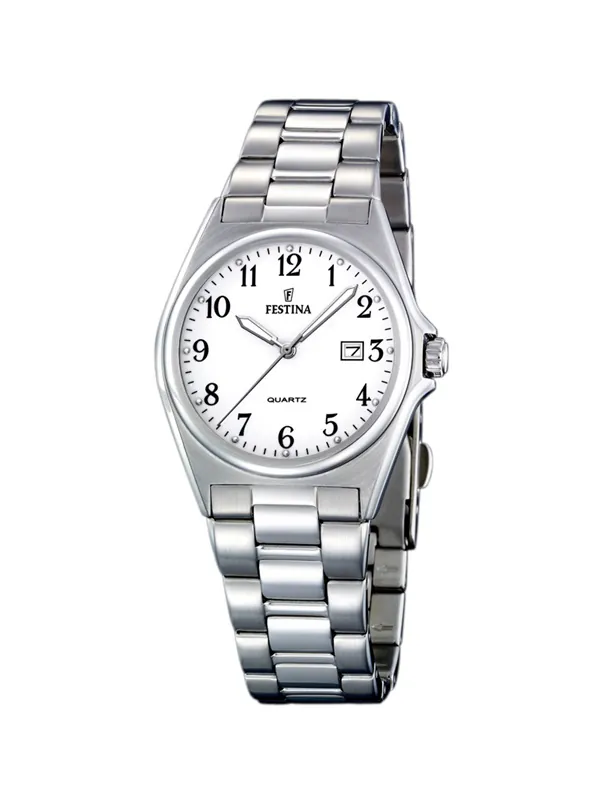 Festina Classic F16375/1 damklocka har en rund, vit urtavla med datumvisning, svarta numeriska index och silverfärgade visare. Ramen, boetten och remmen är silverfärgade.