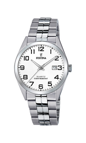 Festina Classic F20437/1 herrklocka har en rund, vit urtavla med datumvisning, svarta numeriska index och självlysande visare. Ramen och remmen är silverfärgade.