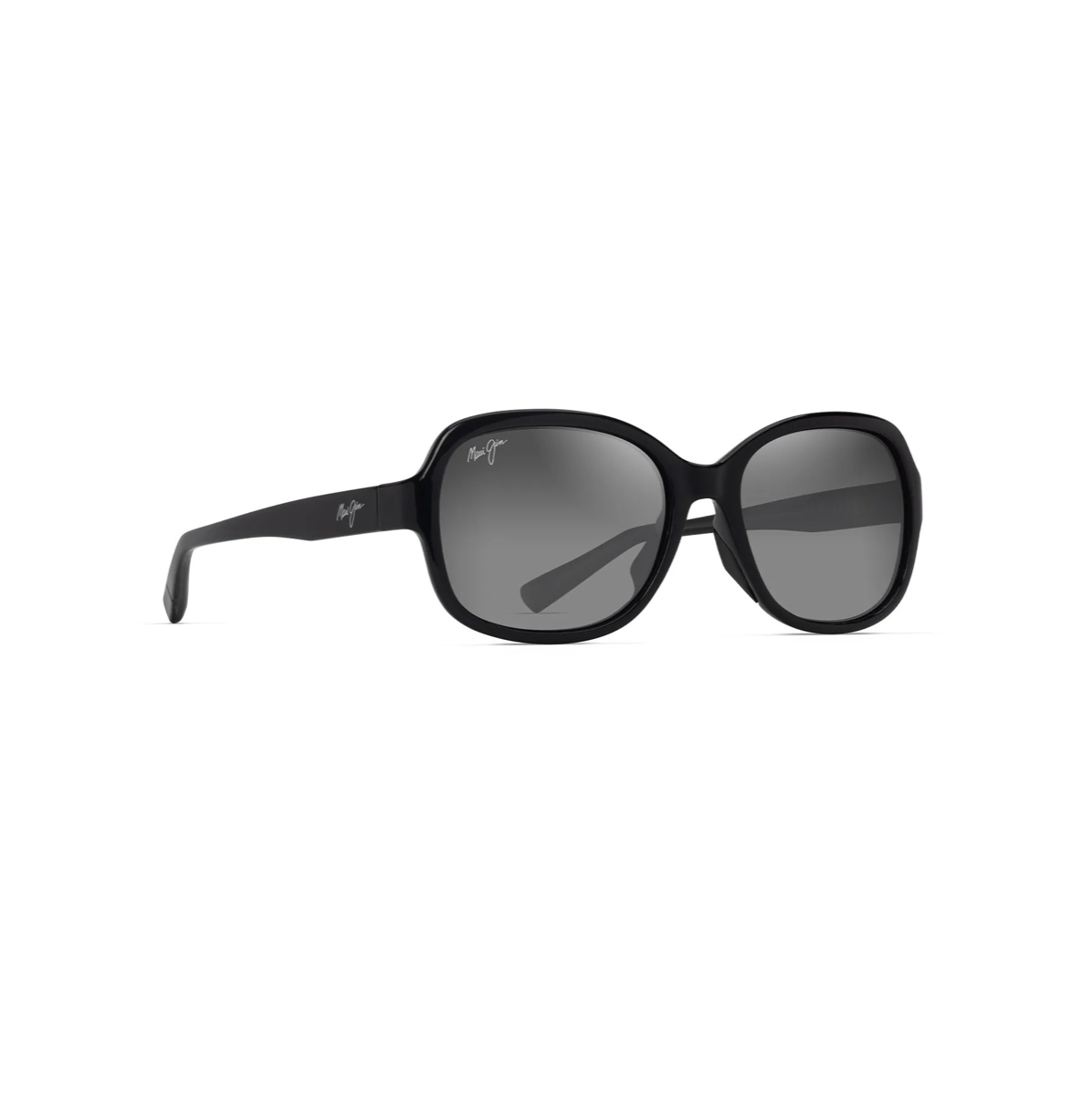 Maui Jim Hiluhilu Black -aurinkolasit etuviistosta. Elegantti naisellinen muotoilu, kehykseen integroidut mustat nenätyynyt ja sangan päissä hillityt designyksityiskohdat.