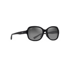 Maui Jim Hiluhilu Black -aurinkolasit etuviistosta. Elegantti naisellinen muotoilu, kehykseen integroidut mustat nenätyynyt ja sangan päissä hillityt designyksityiskohdat.