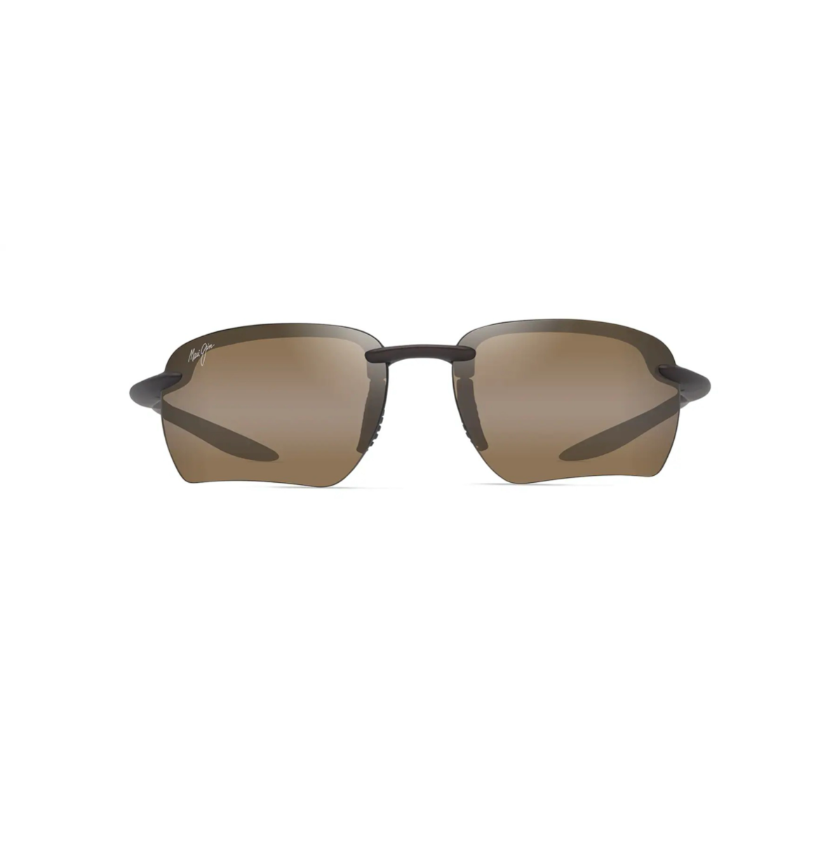 Kevyet, puolikehyksettömät Maui Jim Hoʻokipa Ultra G -urheilulasit suoraan edestä katsottuna. Mattaruskea minimaalinen runko ja lämpimän pronssiset HCL Bronze -linssit.