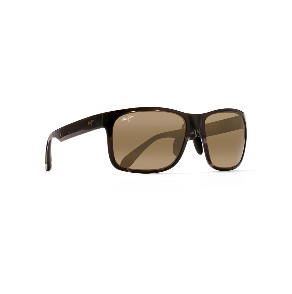 Maui Jim Red Sands Grey Tortoise -aurinkolasit etuviistosta kuvattuna. Pehmeän suorakaiteen muotoinen nailonrunko ja säädettävät kumiset nenätyynyt.