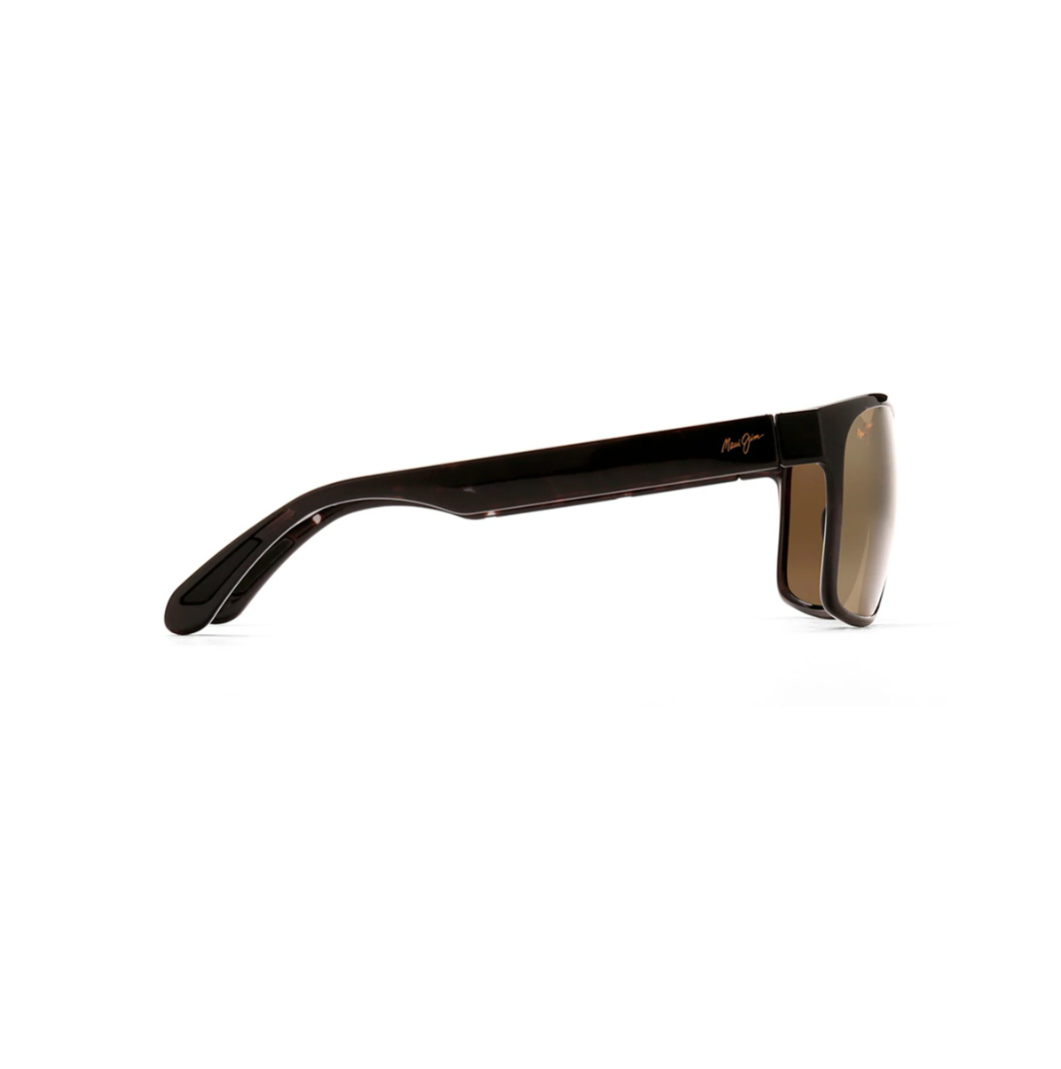 Profiilikuva Maui Jim Red Sands -aurinkolaseista sivulta katsottuna. Kevyt ja linjakas harmaankirjava aisa, jonka tyvessä on hillitty kullanvärinen Maui Jim -logo.