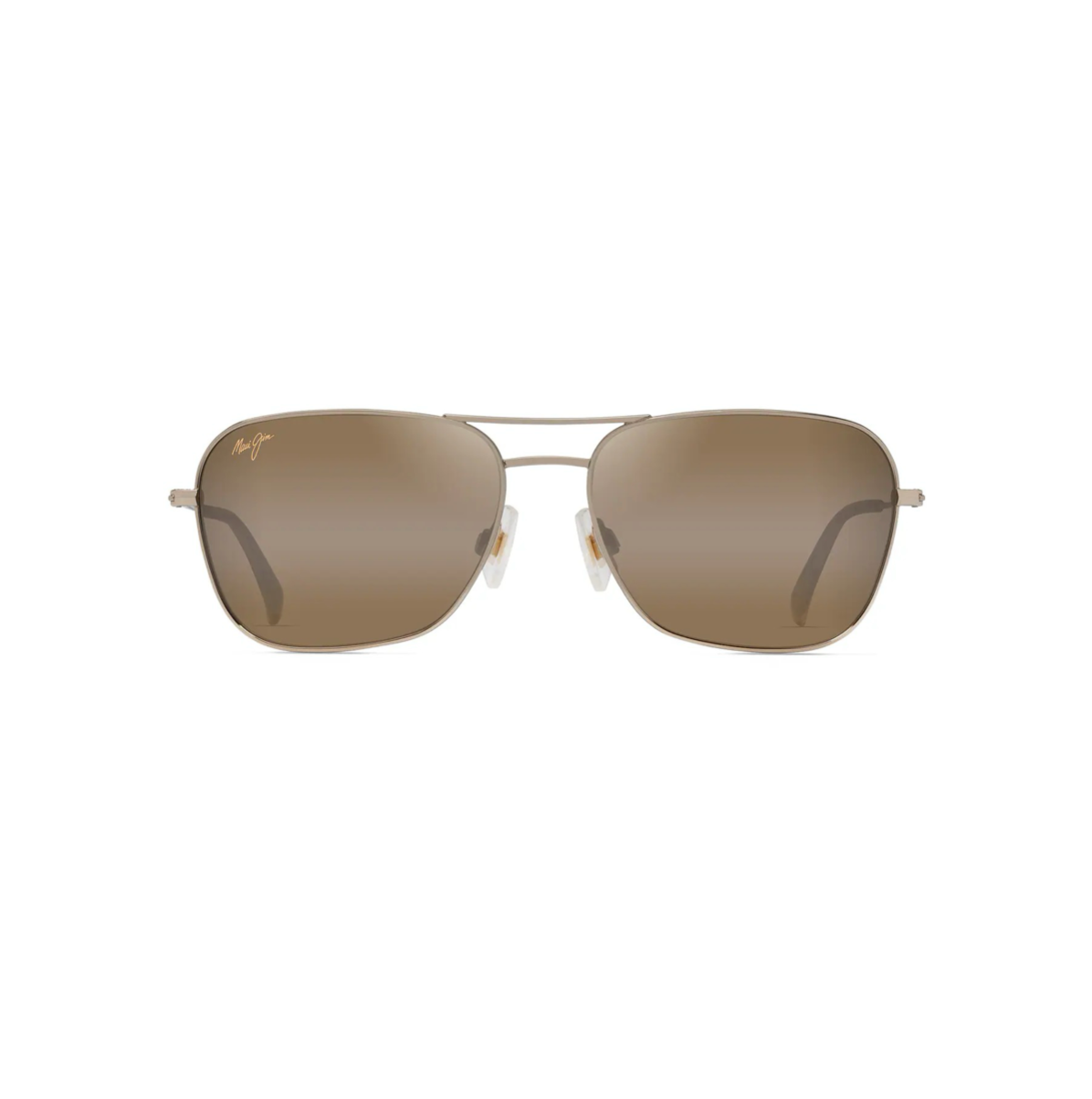 Modernit miesten Maui Jim Na'auao -navigator-aurinkolasit suoraan edestä kuvattuna. Siro vaaleankultainen metallikehys kaksoissillalla ja suorakaiteen muotoisilla ruskehtavilla linsseillä.