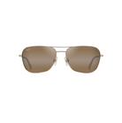 Modernit miesten Maui Jim Na'auao -navigator-aurinkolasit suoraan edestä kuvattuna. Siro vaaleankultainen metallikehys kaksoissillalla ja suorakaiteen muotoisilla ruskehtavilla linsseillä.