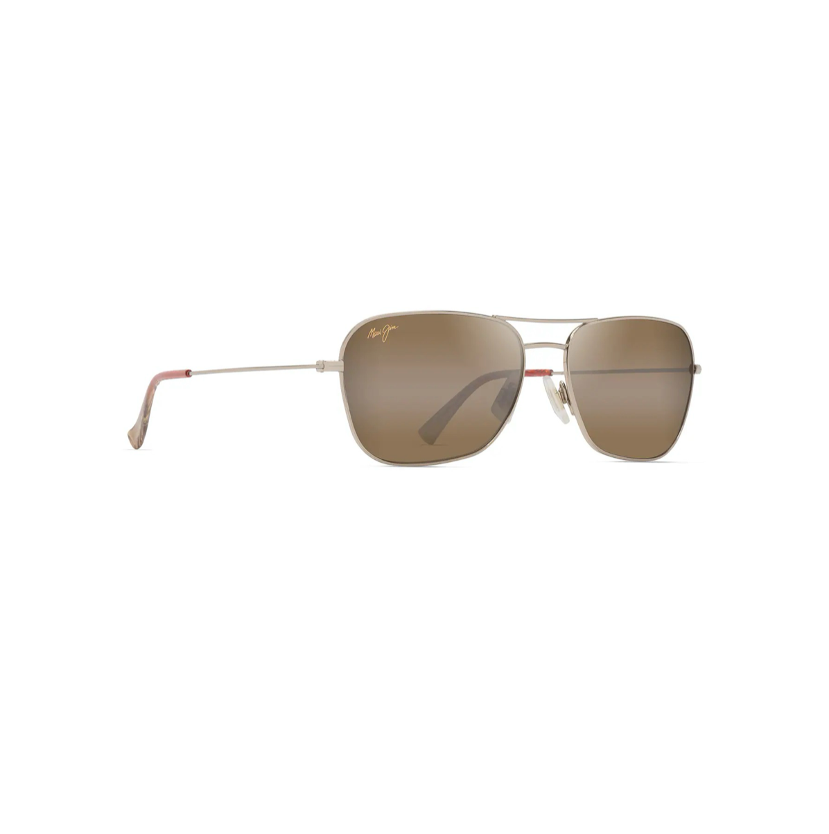 Maui Jim Na'auao Light Gold -aurinkolasit etuviistosta esitellen ohuen metallirungon, kirkkaat nenätyynyt sekä sankojen läpikuultavissa päissä näkyvän sinivihreän aaltokuvioinnin.