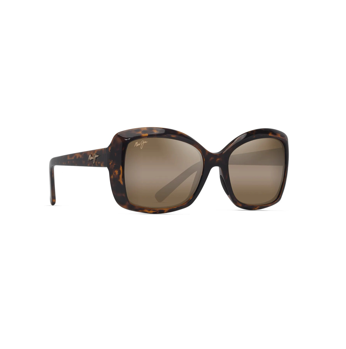 Maui Jim Orchid Dark Havana -aurinkolasit kuvattuna etuviistosta, jossa näkyvät kehyksen kaarevat linjat, mustat nenätyynyt ja linssien hienovaraiset peiliheijastukset.
