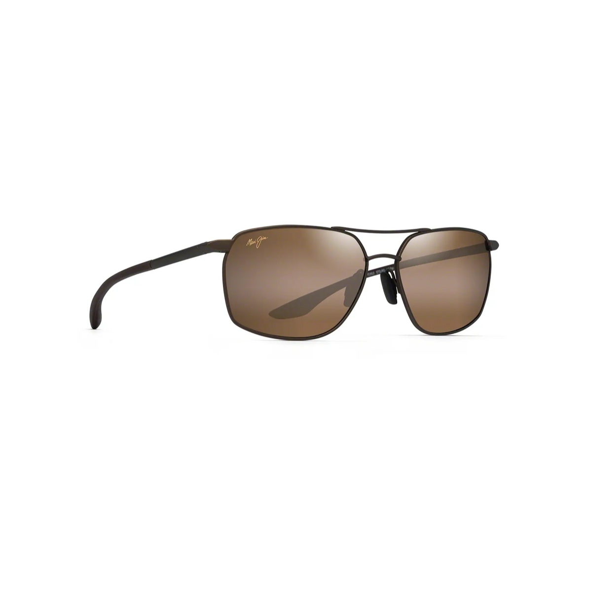 Maui Jim Pu'u Kukui Bronze -aurinkolasit etuviistosta. Ohut ja linjakas metallirunko, säädettävät nenätyynyt ja tummat aisat kumisilla yksityiskohdilla.