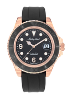 Mathey-Tissot Mathy Design H909PN herrklocka har en rund, svart urtavla med datumvisning, roséguldfärgade och självlysande index och visare. Ramen är svart och boetten är roséguldfärgad. Remmen är en svart silikonrem.