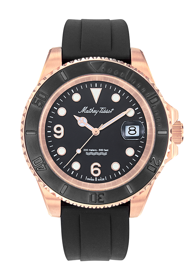 Mathey-Tissot Mathy Design H909PN herrklocka har en rund, svart urtavla med datumvisning, roséguldfärgade och självlysande index och visare. Ramen är svart och boetten är roséguldfärgad. Remmen är en svart silikonrem.