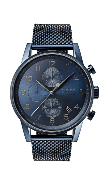 Hugo Boss BOSS Navigator HB1513538 -miesten kronografikello suoraan edestä. Kellossa on tummansininen teräsrunko, sininen mesh-ranneke ja sininen kellotaulu selkeillä numeroilla.